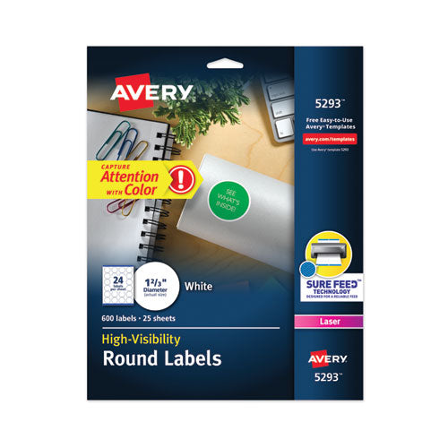 Permanent Laser Print-to-the-Edge ID Labels w/SureFeed, 1.66" dia, White, 600/PK-(AVE5293)