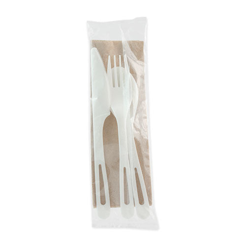 TPLA Compostable Cutlery, Knife/Fork/Spoon/Napkin, 6", White, 250/Carton-(WORASPSTN)