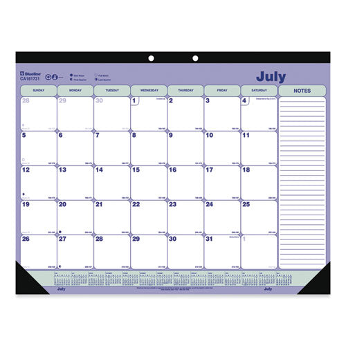 Academic Monthly Desk Pad Calendar, 21.25 x 16, White/Blue/Green, Black Binding/Corners, 13-Month (July-July): 2022-2023-(REDCA181731)