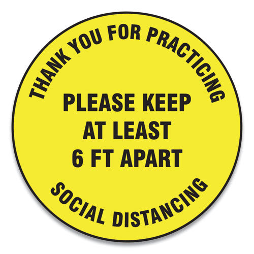 Slip-Gard Floor Signs, 17" Circle,"Thank You For Practicing Social Distancing Please Keep At Least 6 ft Apart", Yellow, 25/PK-(GN1MFS427ESP)