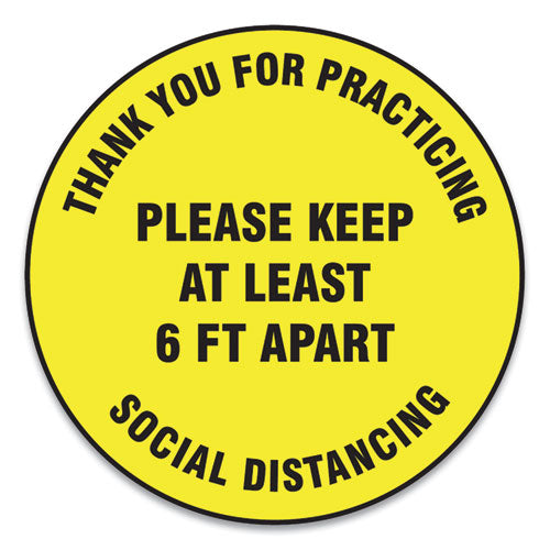 Slip-Gard Floor Signs, 12" Circle,"Thank You For Practicing Social Distancing Please Keep At Least 6 ft Apart", Yellow, 25/PK-(GN1MFS426ESP)