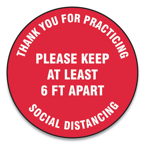 Slip-Gard Floor Signs, 12" Circle, "Thank You For Practicing Social Distancing Please Keep At Least 6 ft Apart", Red, 25/Pack-(GN1MFS422ESP)