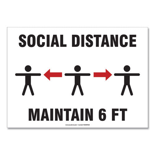 Social Distance Signs, Wall, 14 x 10, "Social Distance Maintain 6 ft", 3 Humans/Arrows, White, 10/Pack-(GN1MGNF546VPESP)