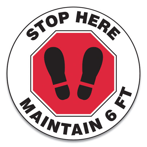 Slip-Gard Social Distance Floor Signs, 12" Circle, "Stop Here Maintain 6 ft", Footprint, Red/White, 25/Pack-(GN1MFS388ESP)