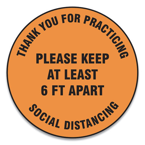 Slip-Gard Floor Signs, 17" Circle,"Thank You For Practicing Social Distancing Please Keep At Least 6 ft Apart", Orange, 25/PK-(GN1MFS429ESP)