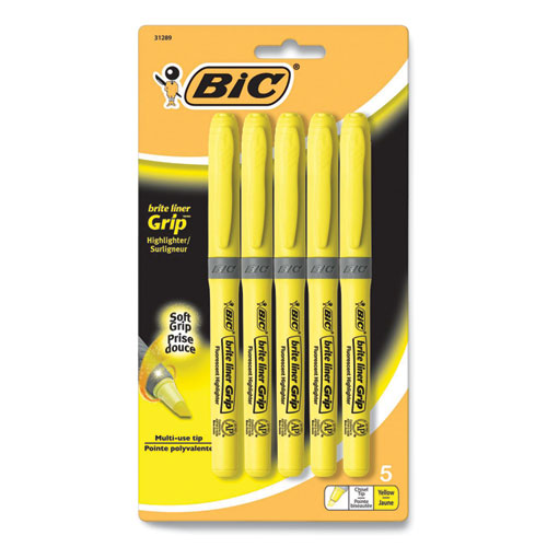 Brite Liner Grip Pocket Highlighter, Fluorescent Yellow Ink, Chisel Tip, Yellow/Black/Silver Barrel, 5/Pack-(BIC31289)