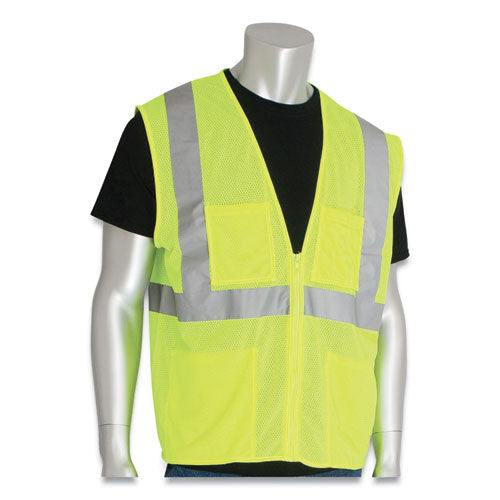 ANSI Class 2 Four Pocket Zipper Safety Vest, Polyester Mesh, 4X-Large, Hi-Viz Lime Yellow-(PIDMVGZ4PLY4X)