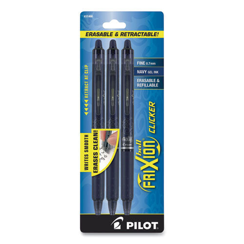 FriXion Clicker Erasable Gel Pen, Retractable, Fine 0.7 mm, Navy Ink, Navy Barrel, 3/Pack-(PIL31468)