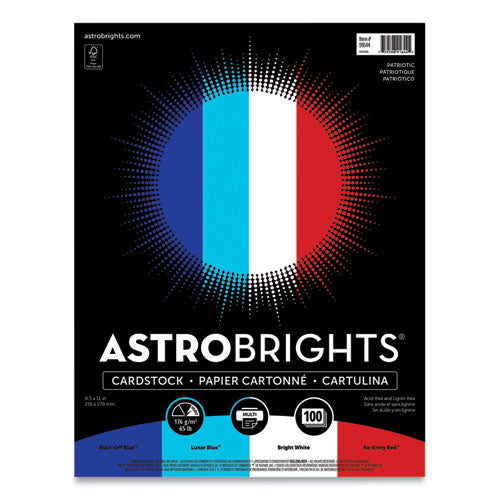 Color Cardstock - "Patriotic" Assortment, 65 lb Cover Weight, 8.5 x 11, Assorted Patriotic Colors, 100/Pack-(WAU91644)