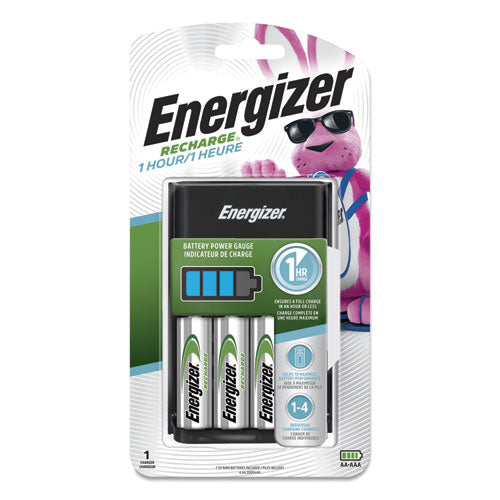 Recharge 1 Hour Charger, For AA or AAA NiMH Batteries, Includes 4 AA Batteries-(EVECH1HRWB4)