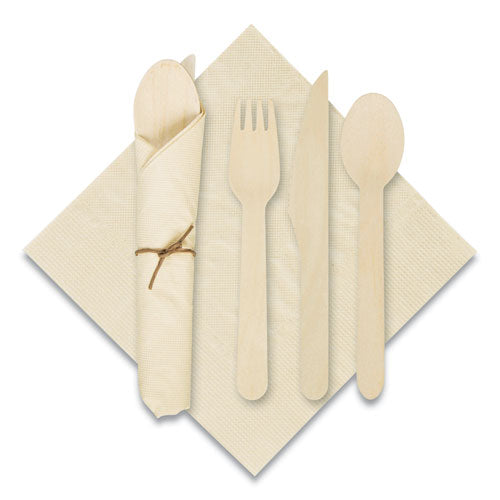 Pre-Rolled Caterwrap Kraft Napkins with Wood Cutlery, 6 x 12 NapkinForkKnifeSpoon, 7" to 9", Kraft, 100/Carton-(HFM120030)