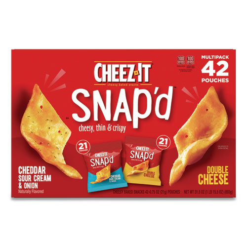 Snapd Crackers Variety Pack, Cheddar Sour Cream and Onion Double Cheese, 0.75 oz Bag, 42/Carton-(KEB11500)