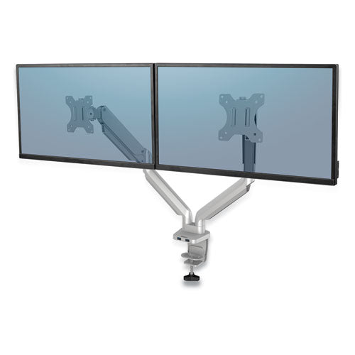 Platinum Series Dual Monitor Arm, For 27" Monitors, 360 deg Rotation, 45 deg Tilt, 180 deg Pan, Silver, Supports 20 lb-(FEL8056501)