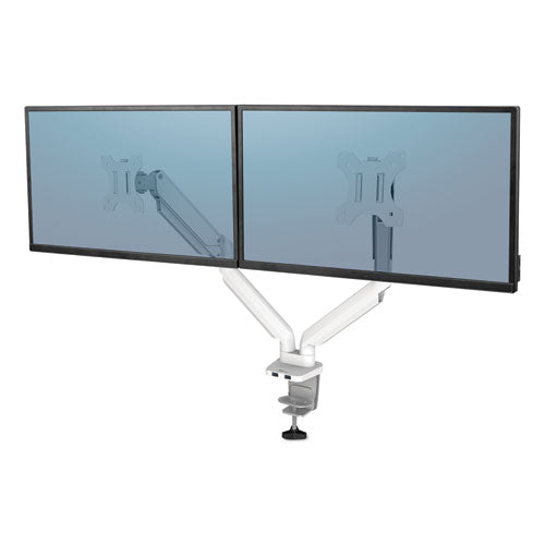 Platinum Series Dual Monitor Arm, For 27" Monitors, 360 deg Rotation, 45 deg Tilt, 180 deg Pan, White, Supports 20 lb-(FEL8056301)