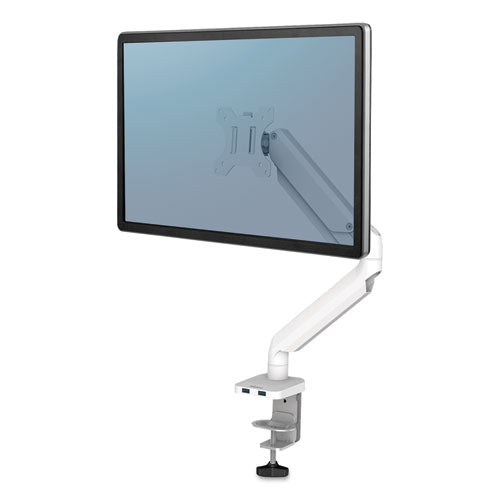 Platinum Series Single Monitor Arm, For 27" Monitors, 360 deg Rotation, 45 deg Tilt, 180 deg Pan, White, Supports 20 lb-(FEL8056201)