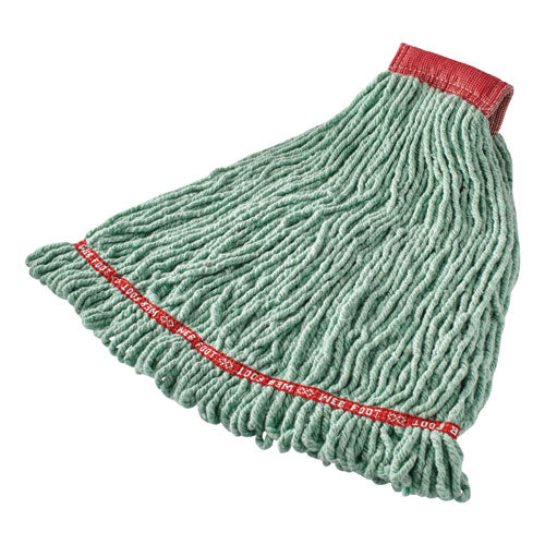 Web Foot Shrinkless Looped-End Wet Mop Head, Cotton/Synthetic, Large, Green, 5" Red Headband-(RCPA25306GR00)