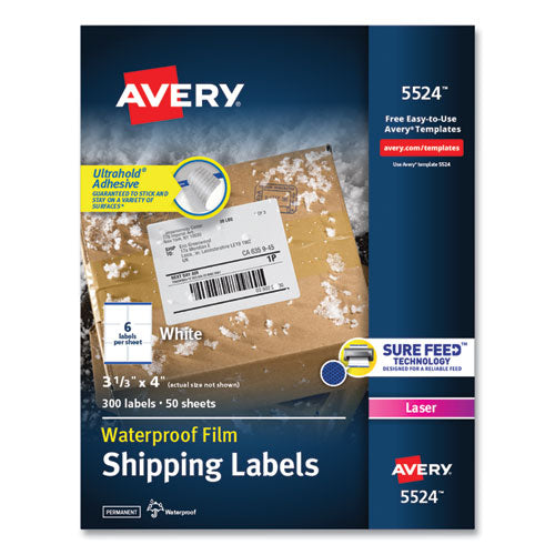 Waterproof Shipping Labels with TrueBlock and Sure Feed, Laser Printers, 3.33 x 4, White, 6/Sheet, 50 Sheets/Pack-(AVE5524)