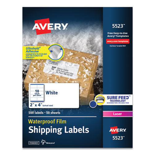 Waterproof Shipping Labels with TrueBlock and Sure Feed, Laser Printers, 2 x 4, White, 10/Sheet, 50 Sheets/Pack-(AVE5523)