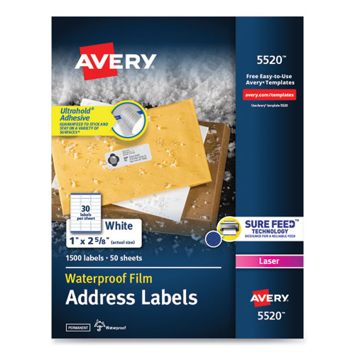 Waterproof Address Labels with TrueBlock and Sure Feed, Laser Printers, 1 x 2.63, White, 30/Sheet, 50 Sheets/Pack-(AVE5520)