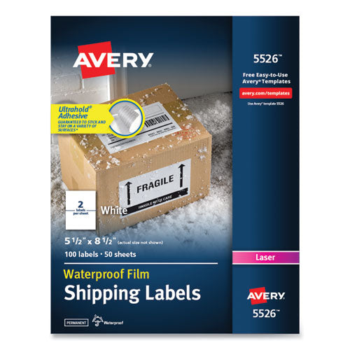 Waterproof Shipping Labels with TrueBlock Technology, Laser Printers, 5.5 x 8.5, White, 2/Sheet, 50 Sheets/Pack-(AVE5526)