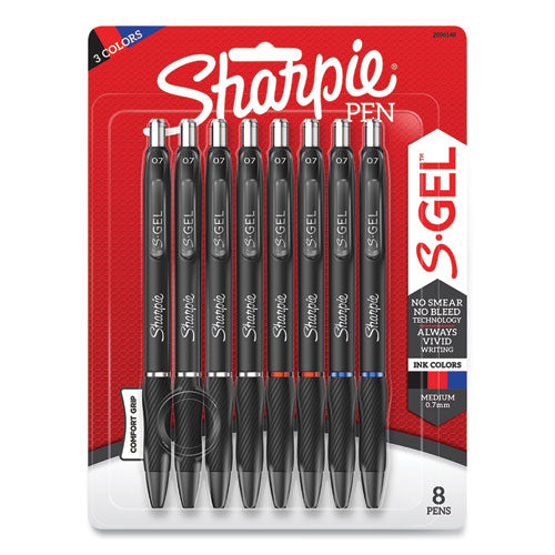 S-Gel High-Performance Gel Pen, Retractable, Medium 0.7 mm, Three Assorted Ink Colors, Black Barrel, 8/Pack-(SAN2096148)