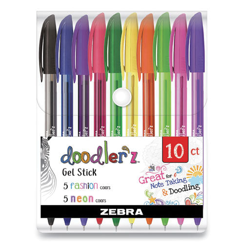 Doodlerz Gel Pen, Stick, Bold 1 mm, Assorted Fashion/Neon Ink and Barrel Colors, 10/Pack-(ZEB41810)