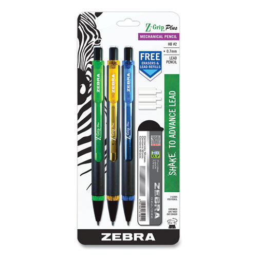 Z-Grip Plus Mechanical Pencil, 0.7 mm, HB (#2), Black Lead, Assorted Barrel Colors, 3/Pack-(ZEB55403)