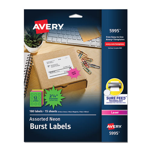 High-Visibility ID Labels, Laser Printers, 2.25" dia, Assorted, 12/Sheet, 15 Sheets/Pack-(AVE5995)