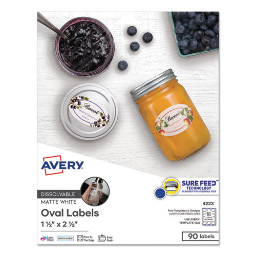 White Dissolvable Labels w/ Sure Feed, 1.5 x 2.5, Oval, White, 90/PK-(AVE4223)