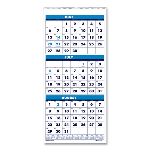 Recycled Three-Month Format Wall Calendar, Vertical Orientation, 8 x 17, White Sheets, 14-Month (June to July): 2022 to 2023-(HOD3645)