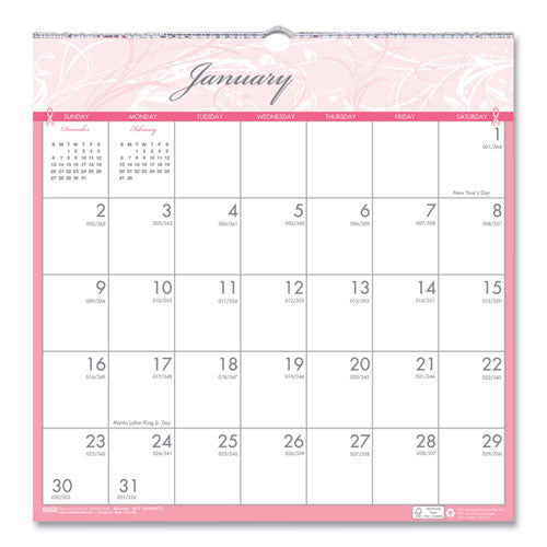 Recycled Monthly Wall Calendar, Breast Cancer Awareness Artwork, 12 x 12, White/Pink/Gray Sheets, 12-Month (Jan-Dec): 2023-(HOD3671)