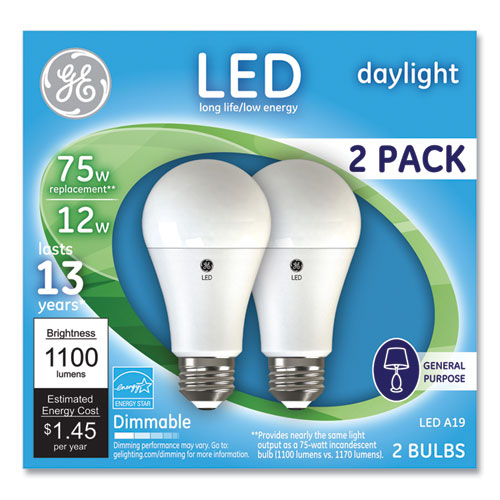 75W LED Bulbs, A19, 12 W, Daylight, 2/Pack-(GEL93127670)