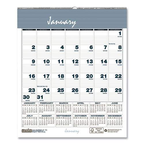 Bar Harbor Recycled Wirebound Monthly Wall Calendar, 6 x 7, White/Blue/Gray Sheets, 12-Month (Jan-Dec): 2023-(HOD330)