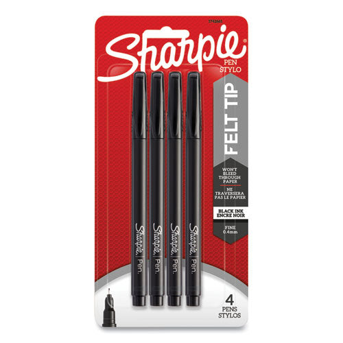 Water-Resistant Ink Porous Point Pen, Stick, Fine 0.4 mm, Black Ink, Black/Gray Barrel, 4/Pack-(SAN1742661)