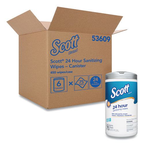 24-Hour Sanitizing Wipes, 1-Ply, 4.5 x 8.25, Fresh, White, 75/Canister, 6 Canisters/Carton-(KCC53609)