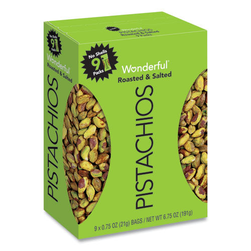 Wonderful No Shells Pistachios, Roasted and Salted, 0.75 oz Bag, 9 Bags/Box, 4 Boxes/Carton-(WONPAR91100)