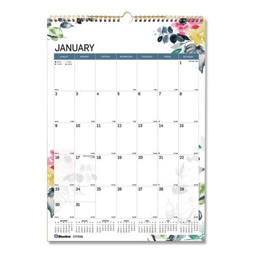 12-Month Colorful Wall Calendar, Watercolor Floral Artwork, 12 x 17, White/Multicolor Sheets, 12-Month (Jan to Dec): 2023-(REDC173126)