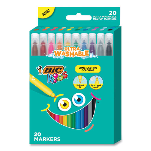 Kids Ultra Washable Markers, Medium Bullet Tip, Assorted Colors, 20/Pack-(BICBKCM20AST)