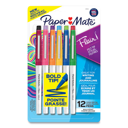 Flair Felt Tip Porous Point Pen, Stick, Bold 1.2 mm, Assorted Ink Colors, White Pearl Barrel, 12/Pack-(PAP2125414)