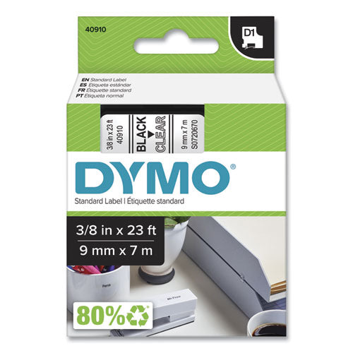 D1 High-Performance Polyester Removable Label Tape, 0.37" x 23 ft, Black on Clear-(DYM40910)