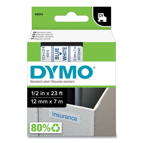 D1 High-Performance Polyester Removable Label Tape, 0.5" x 23 ft, Blue on White-(DYM45014)