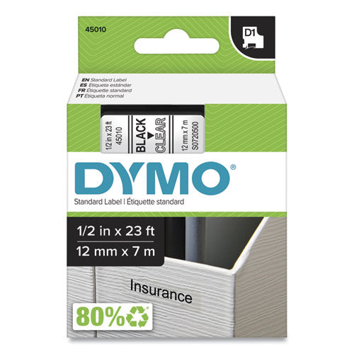 D1 High-Performance Polyester Removable Label Tape, 0.5" x 23 ft, Black on Clear-(DYM45010)