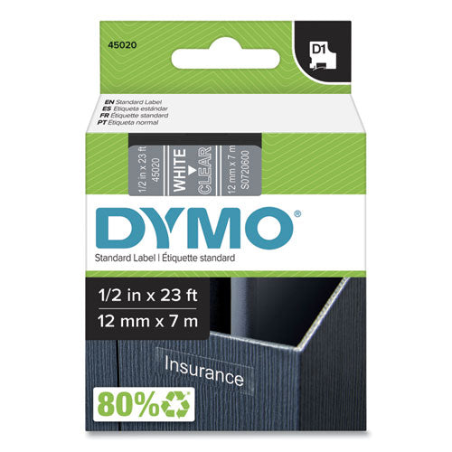 D1 High-Performance Polyester Removable Label Tape, 0.5" x 23 ft, White on Clear-(DYM45020)