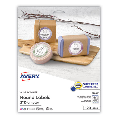 Round Print-to-the Edge Labels with Sure Feed and Easy Peel, 2" dia, Glossy White, 120/PK-(AVE22807)