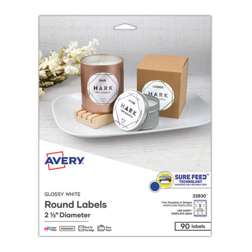 Round Print-to-the Edge Labels with SureFeed, 2.5" dia, Glossy White, 90/PK-(AVE22830)