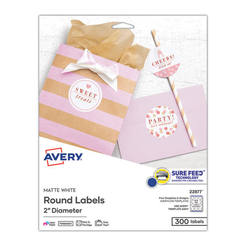 Round Print-to-the Edge Labels with SureFeed and EasyPeel, 2" dia, Matte White, 300/Pack-(AVE22877)