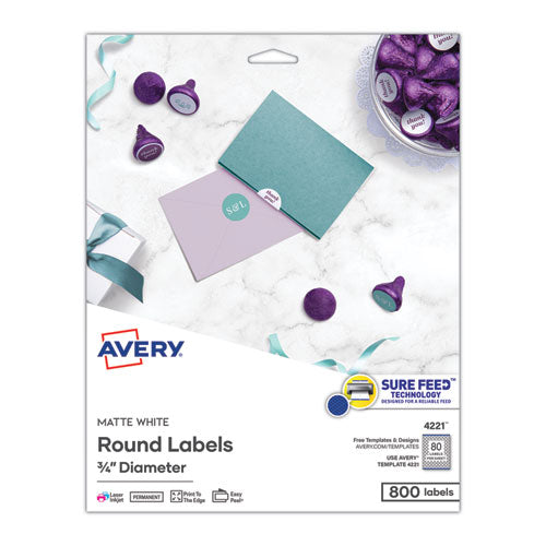 Printable Self-Adhesive Permanent ID Labels w/Sure Feed, 0.75" dia, White 800/PK-(AVE4221)