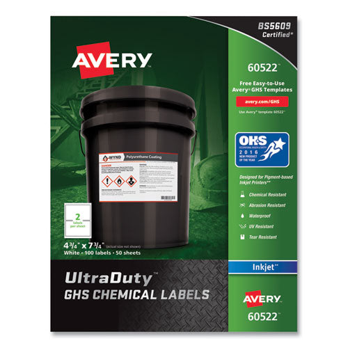 UltraDuty GHS Chemical Waterproof and UV Resistant Labels, 4.75 x 7.75, White, 2/Sheet, 50 Sheets/Pack-(AVE60522)