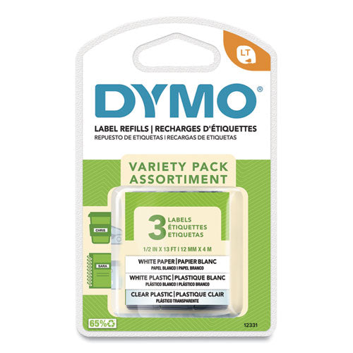 LetraTag Paper/Plastic Label Tape Value Pack, 0.5" x 13 ft, Assorted, 3/Pack-(DYM12331)