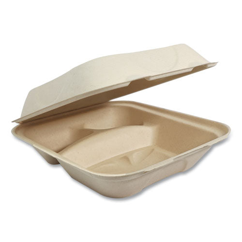 Fiber Hinged Containers, 3-Compartment, 8 x 8 x 3, Natural, Paper, 300/Carton-(WORTOSCU8T)